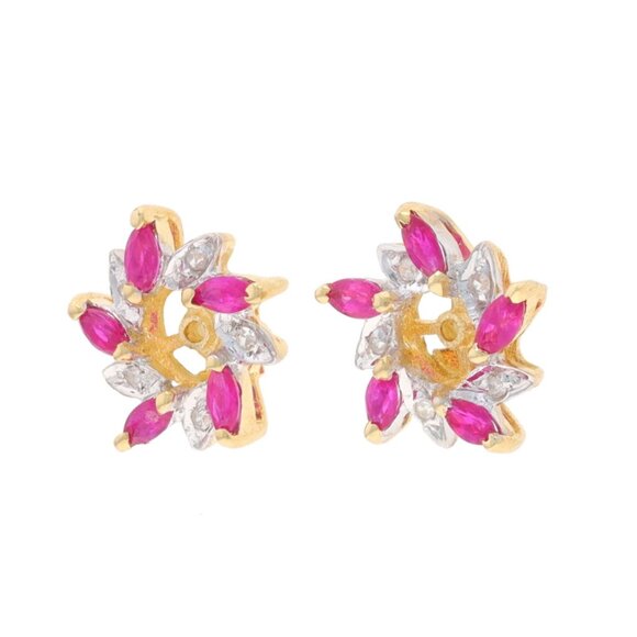 Yellow Gold Ruby Diamond Earring Enhancers 14k Marq .36ctw Floral Stud Jackets - Picture 2 of 5